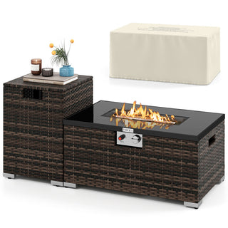 2-Piece Outdoor Rattan Fire Table Set 32 Inch Rectangle Gas Firepit with Tank Cover