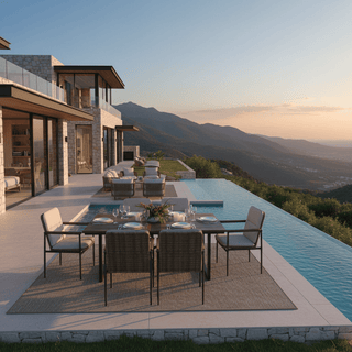 7-Piece Outdoor Patio Dining Set with Wooden Table & Umbrella Hole | 6 Wicker Chairs with Aluminum Frame & Olefin Cushions