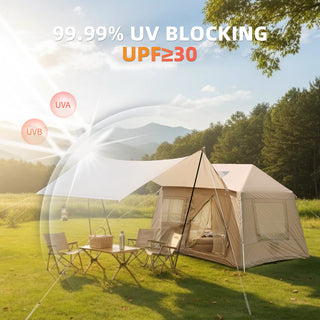 5.72m² Inflatable Glamping Tent with Pump, 4-Season Windproof Cotton Canvas Camping Tent with Mesh Windows