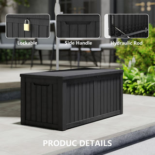 120-Gallon Resin Outdoor Deck Box with Lockable Lid, Patio Storage Bench for Cushions & Pillows – Black/Light Brown