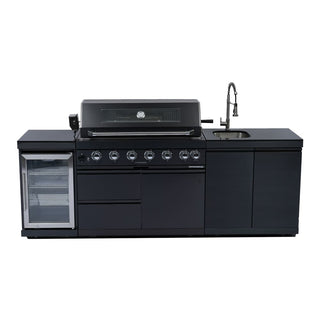 43-Inch Deluxe Outdoor Kitchen BBQ Island Grill, 6-Burner 85,000 BTU Stainless Steel Gas Grill with Wine Cooler, Refrigerator, Rotisserie Kit, Granite Countertop & Sink