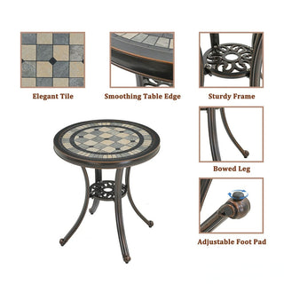 3-Piece White/Bronze Cast Aluminum Outdoor Bistro Set with Round Ceramic Tile Tabletop & 2 Armless Chairs for Patio, Garden & Balcony