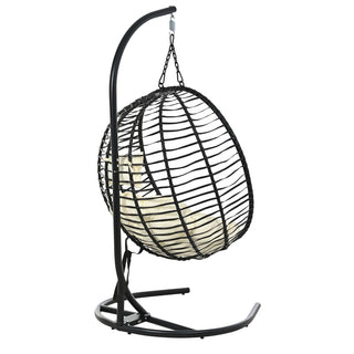Single Folding Wicker Hanging Egg Chair with Stand, Indoor Outdoor Swing Hammock Chair, Adjustable Anti-Slip Feet for Balcony Bedroom Patio