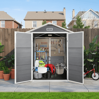 6x6 / 6x4 FT Resin Outdoor Storage Shed with Floor, Lockable Door, Weatherproof Plastic Garden Shed for Backyard & Lawn
