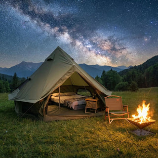 13.1FT 4-Season Bell Tent, Waterproof Canvas Glamping Yurt with Stove Jack, Green/Beige Family Camping Tent for 6-8 Persons Outdoor Camping & Parties