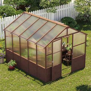 8x10 FT Wooden Walk-In Greenhouse Kit with 6mm Polycarbonate Panels, Adjustable Vent & Lockable Door