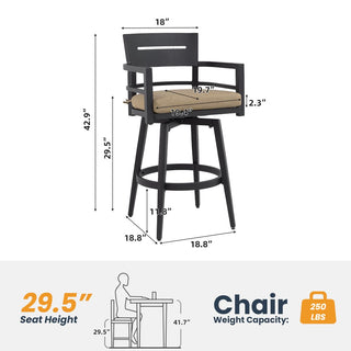 Modern 2-Piece Outdoor Swivel Bar Chairs with Sunbrella Cushions – 360° Aluminum Patio Bar Stools in Ember Black
