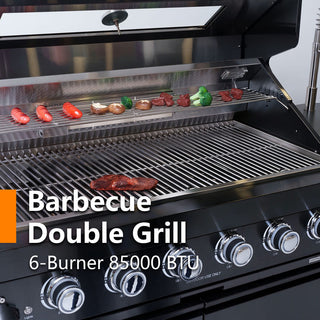 43-Inch 6-Burner 85000 BTU Deluxe Stainless Steel Gas Outdoor Kitchen Bar Barbecue Island Grill + Wine Cooler Compact Refrigerator + Rotisserie kit + Granite Countertops + Stainless steel Sink