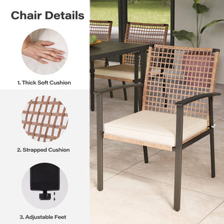 7-Piece Outdoor Patio Dining Set with 6 Cushioned Chairs and Slatted Metal Table with Umbrella Hole for Backyard, Garden & Poolside