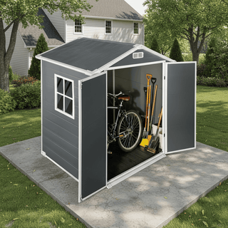 6x6 / 6x4 FT Resin Outdoor Storage Shed with Floor, Lockable Door, Weatherproof Plastic Garden Shed for Backyard & Lawn