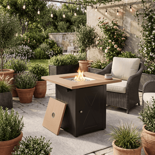 50,000 BTU Outdoor Propane Fire Pit Table, ETL Certified Gas Fire Pit with Side Door, Wood-Look Tabletop & X-Shaped Base
