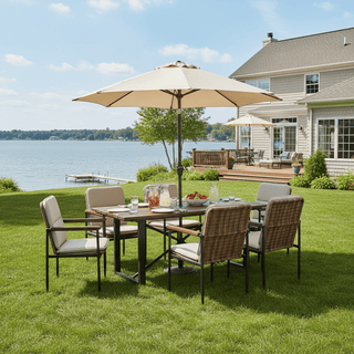 7-Piece Outdoor Patio Dining Set with Wooden Table & Umbrella Hole | 6 Wicker Chairs with Aluminum Frame & Olefin Cushions