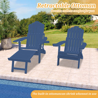 Navy Blue & Black Folding Plastic Adirondack Chair with Pull-Out Ottoman & Cup Holder for Outdoor Patio