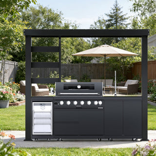 108" Outdoor Kitchen Island with 6-Burner 85,000 BTU Grill, Fridge, Rotisserie & Granite Countertops