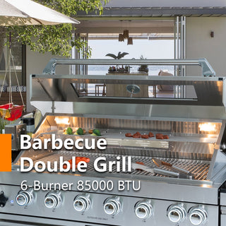 43-Inch 6-Burner 85,000 BTU Stainless Steel Outdoor Kitchen Island Grill With Wine Cooler, Rotisserie, Granite Countertops & Storage Cabinets