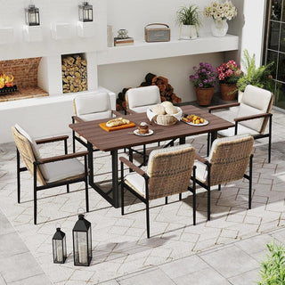 7-Piece Outdoor Patio Dining Set with Wooden Table & Umbrella Hole | 6 Wicker Chairs with Aluminum Frame & Olefin Cushions