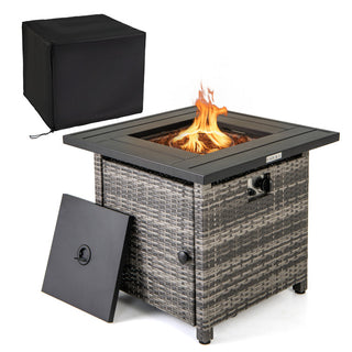 29 Inch Propane Rattan Firepit Table with Lava Rocks and Protective Cover