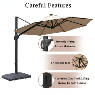 11ft Solar LED Market Umbrella with Base – Outdoor Round Patio Umbrella with Crank & Aluminum Pole