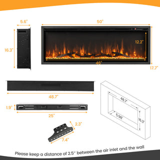 Electric Fireplace in-Wall Recessed with Remote Control and Adjustable Color and Brightness