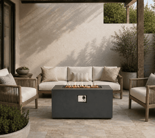 42 Inch Rectangular Propane Fire Pit Table, 50000 BTU Lightweight Concrete Outdoor Gas Fire Table with Lava Rocks, Burner Lid & Waterproof Cover