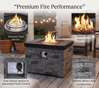 32-Inch 40,000 BTU Propane Fire Pit Table with Lightweight Concrete Finish, Lava Rocks & Cover