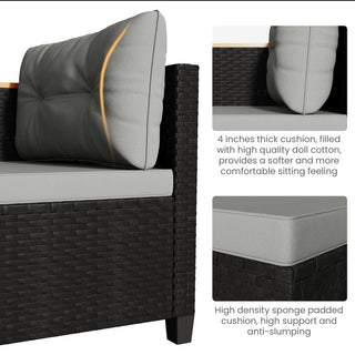 3-Piece L-Shaped Wicker Patio Set with Beige/Gray Cushions and Acacia Wood Storage Table