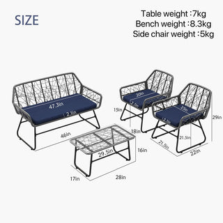 4-Piece Wicker Patio Furniture Set With Tempered Glass Table, Detachable Blue Cushion
