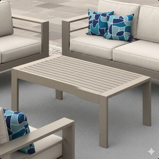 43" x 24" All-Weather Metal Outdoor Coffee Table with Wood-Look Top and Khaki/Black Frame