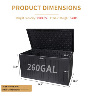 260 Gallon Waterproof Resin Outdoor Deck Box – Extra Large Patio Storage Container with Lockable Lid for Cushions, Pool Accessories & Garden Tools