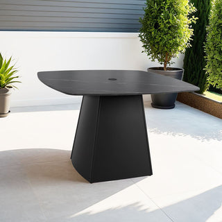 Modern 44" Rounded Square Outdoor Dining Table – Black Sintered Stone Top with Flared Aluminum Pyramid Base