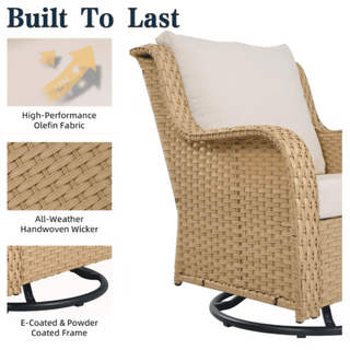6-Piece PE Wicker Patio Conversation Set with Sofa, 2 Swivel Rocking Chairs, 2 Ottomans & Side Table
