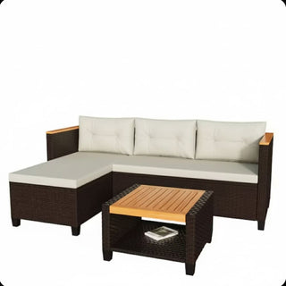 3-Piece L-Shaped Wicker Patio Set with Beige/Gray Cushions and Acacia Wood Storage Table