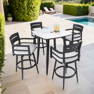 5-Piece Outdoor Patio Swivel Bar Set with Marble-Style Stone Table & Aluminum Swivel Bar Stools