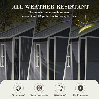 8X8 FT resin storage shed, high quality pp material with Lockable Door, strong structure, waterproof, rust and UV proof, large storage space, 12mm thick pp board, HD window lighting