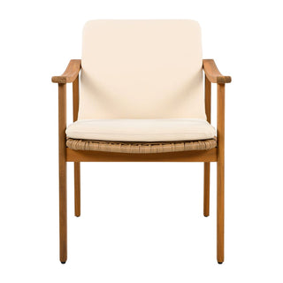 Outdoor Dining Chairs Set of 2, Teak Color Acacia Wood Frame, Brown PE Wicker, Grey Waterproof Cushion