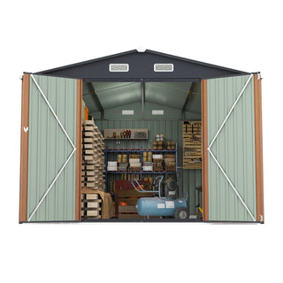 Outdoor Storage Shed 9×11 FT with 3 Lockable Doors,Utility Tool Shed Metal Storage Garden Sheds 4 Vents,Metal Sheds with Galvanized Steel Frame,for Backyard,Patio,Lawn,yellow