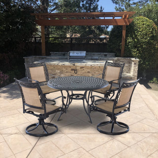 5-Piece Cast Aluminum Patio Dining Set with Swivel Chairs & Round Table – Brown