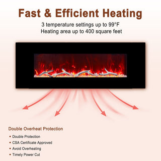 42/50/60/72 Inch Wall-Mounted Black Electric Fireplace Insert-5120 BTU with 2-Speaker Stereo Sound