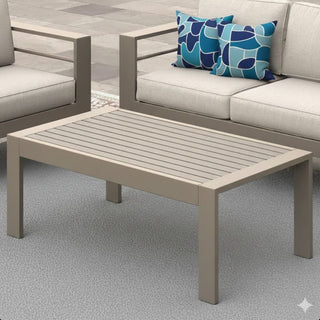 43" x 24" All-Weather Metal Outdoor Coffee Table with Wood-Look Top and Khaki/Black Frame