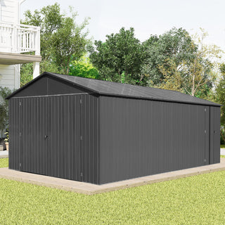 Outdoor Metal Garage Shed, Extra Large Metal Carport with Lockable Double Hinged Doors, Heavy Duty Car Shelter for Car, Truck, Motorcycle and Lawn Equipment, Grey