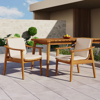 Outdoor Dining Chairs Set of 2, Teak Color Acacia Wood Frame, Brown PE Wicker, Grey Waterproof Cushion