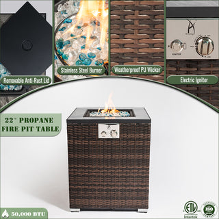 24" Propane Gas Fire Pit Table, 50000 BTU Square Fire Pit, Tile Tabletop with Beautiful Wicker Base for Outside Patio Deck Garden Courtyard-Espresso