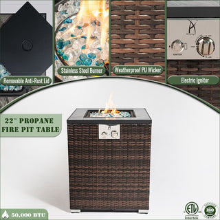 24" Propane Gas Fire Pit Table, 50000 BTU Square Fire Pit, Tile Tabletop with Beautiful Wicker Base for Outside Patio Deck Garden Courtyard-Brown