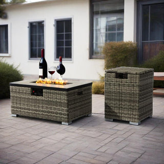 32" Propane Gas Fire Pit Table with Propane Tank Cover 2-Pieces, 50000 BTU Rectangular Steel Fire Pit with Beautiful Wicker Base for Outside Garden-Beige/Dark Gray