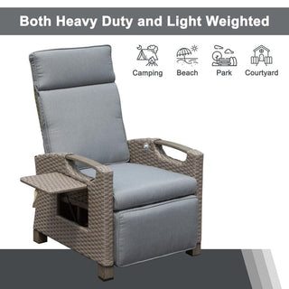 Outdoor Wicker Reclining Chair with Push-Back Backrest, Flip-Up Side Table & Thick Cushions for Patio & Backyard