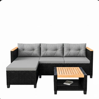 3-Piece L-Shaped Wicker Patio Set with Beige/Gray Cushions and Acacia Wood Storage Table
