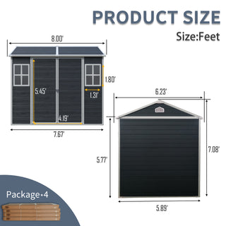 8 x 6 ft Resin Outdoor Storage Shed Waterproof Shed with Floor & Two Windows & Lockable Door, Tool Shed for Garden, Patio, Backyard,Grey/Black/White+Gray/Brown