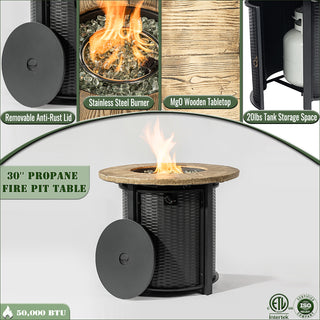 30" Propane Gas Fire Pit Table, 50000 BTU Round Steel Fire Pit with Imitation Wood Grain Finish for Outside Patio Deck Garden Backyard- Black