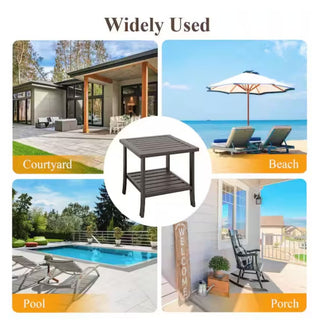 19" Square Black/Brown Metal Outdoor Side Table, 2-Tier All-Weather Patio End Table