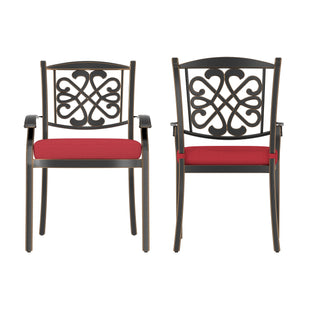 Red/Beige 4-Piece Cast Aluminum Patio Dining Chairs with Diagonal-Mesh & Vine Backrest